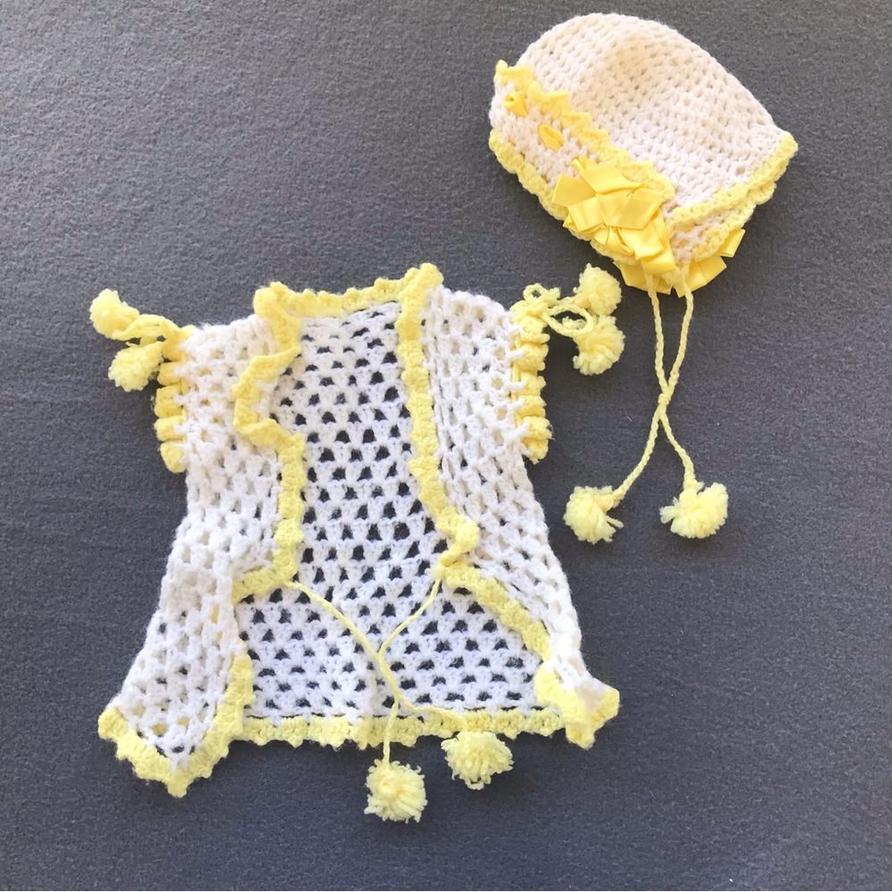 Antique Crochet Baby Cardigan and Bonnet Newborn or Doll Clothes